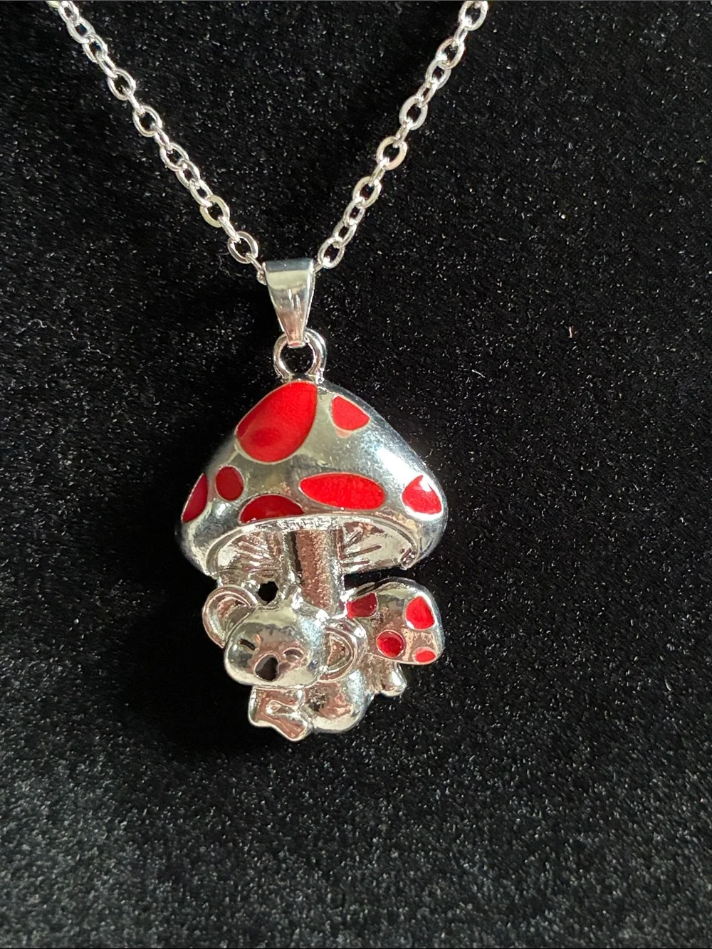 Silver Mushroom Pendant Necklace with Red Enamel Accents